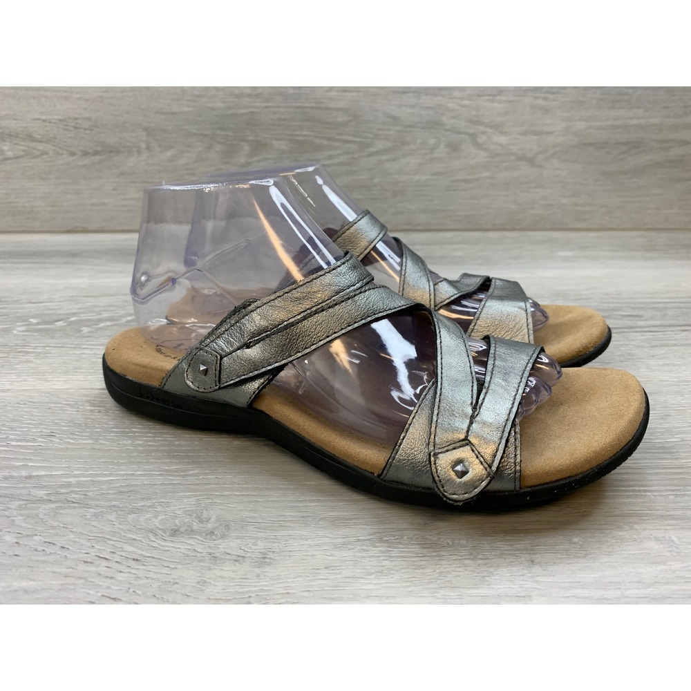 Taos Universe Women's 9 Pewter Metallic Leather Slide Sandals Shoes